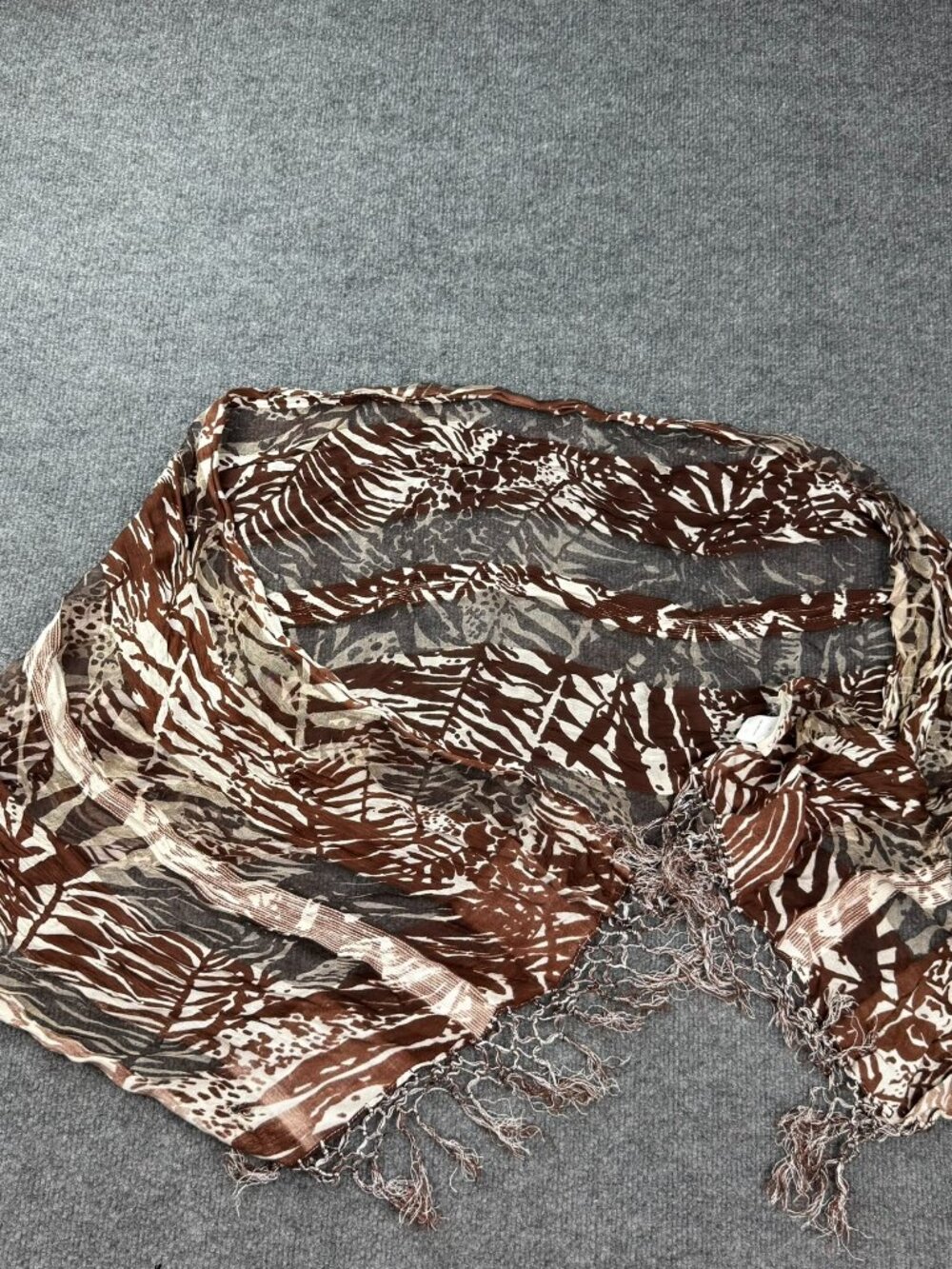 Coldwater Creek Silk Blend Animal Print Fringe Scarf Wrap Brown 20x70 INCH Flaw